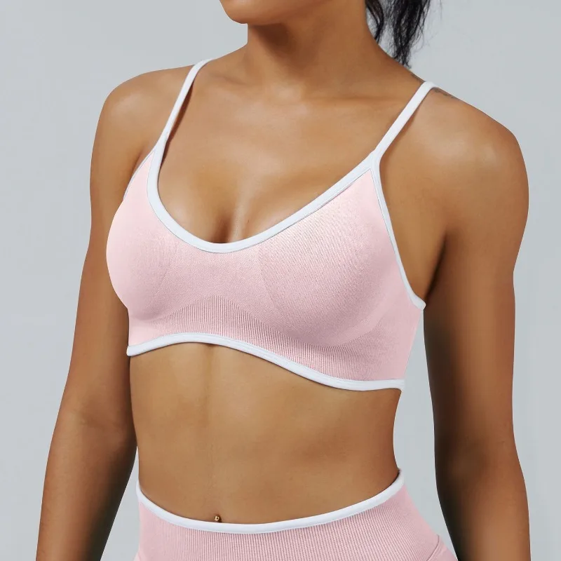 Workout Gym Color Block Seamless Shockproof Sports Bra Summer Breathable Simple Solid Color European American Yoga Fitness Bra