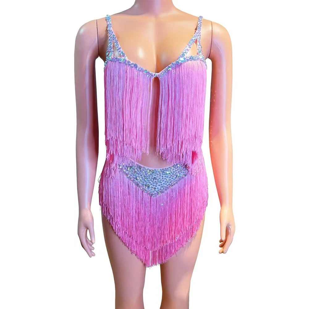

Customized Sparkly AB Rhinestones Pink Tassel Bodysuit Women Sexy Performance Dance Dress Singer Dancer Stage Photoshoot Wear
