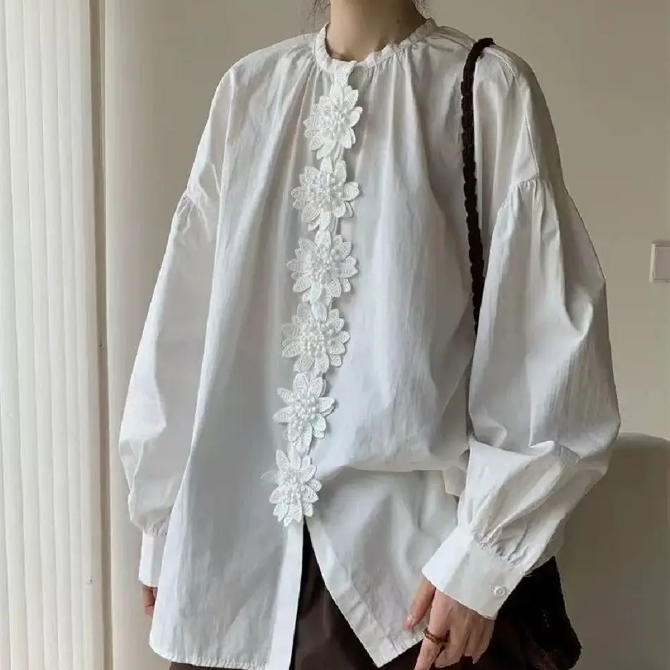 

2026 Spring Autumn Round Neck Single-Breasted Blouses Shirts Long Sleeve Three-Dimensional Flower Stitch Shirt Top Woman Clothes