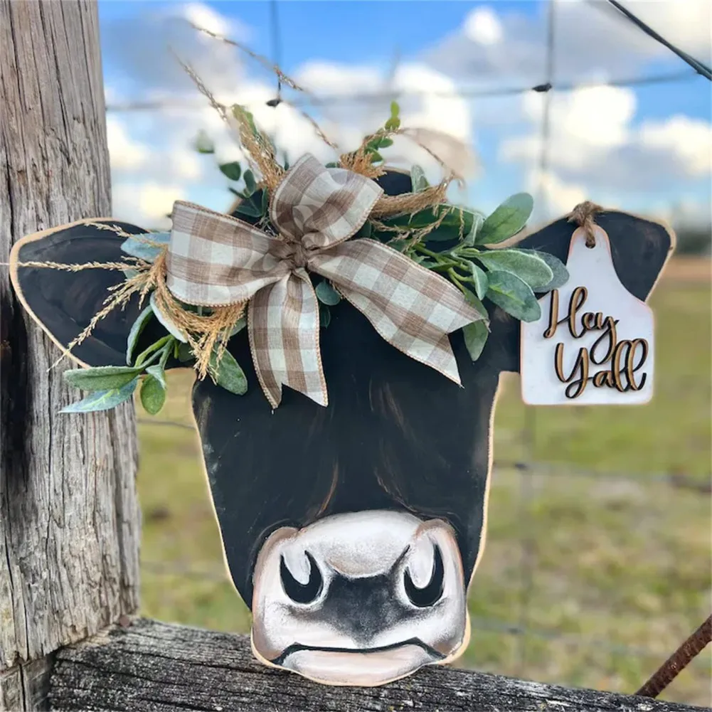 Farmhouse Cow Head Door Wreath Sign Rustic Wooden Calf Front Door Hanger Buffalo Plaid Burlap Bow And Artificial