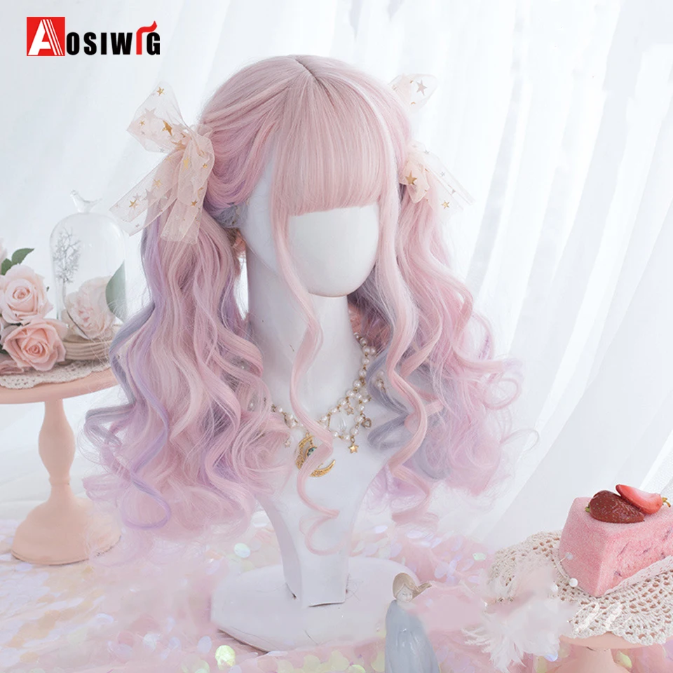 AOSIWIG Synthetic Wig Long Ombre Pink Wigs Natural Wavy Heat Resistant Fiber for Women Halloween Cosplay Lolita Daily Wig