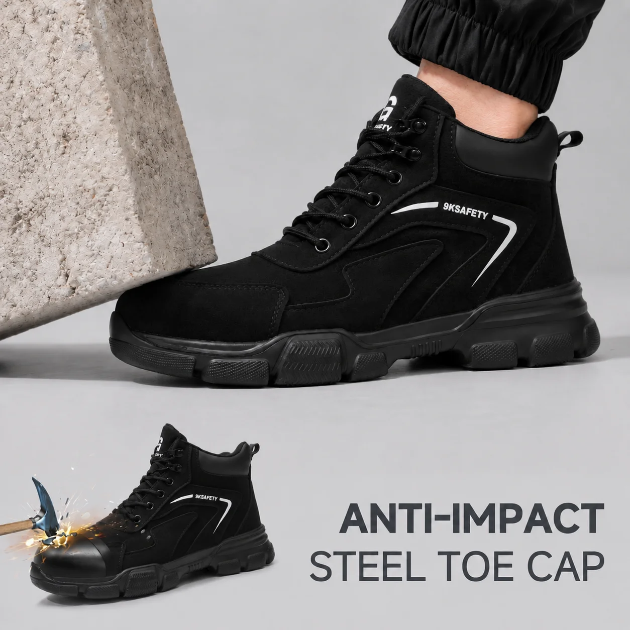 Mens Safety Work Sneakers Indestructible Steel Toe Boots Puncture Resistant Water Resistant Black High Top Shoes for Constructio