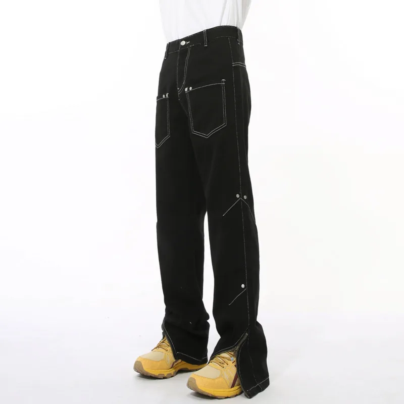 Niche Design Men's Denim Pants Multi-pocket Zippers Patchwork Trousers Slit Straight Wide Leg Casual Male Jeans Chic