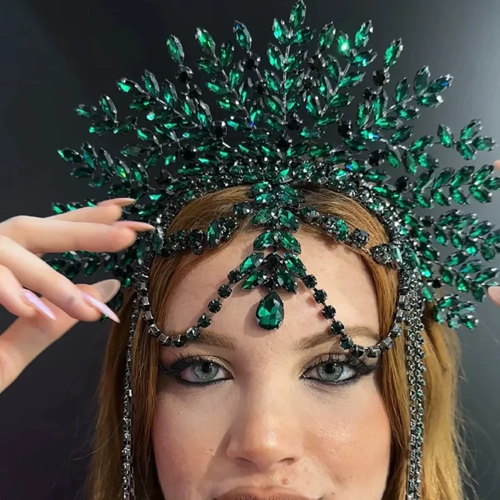 New Green Rhinestone Tassel Headband Fashionable And Retro Stage Performance Rhinestone Headwear Ladies' Jewelry A0ccessories