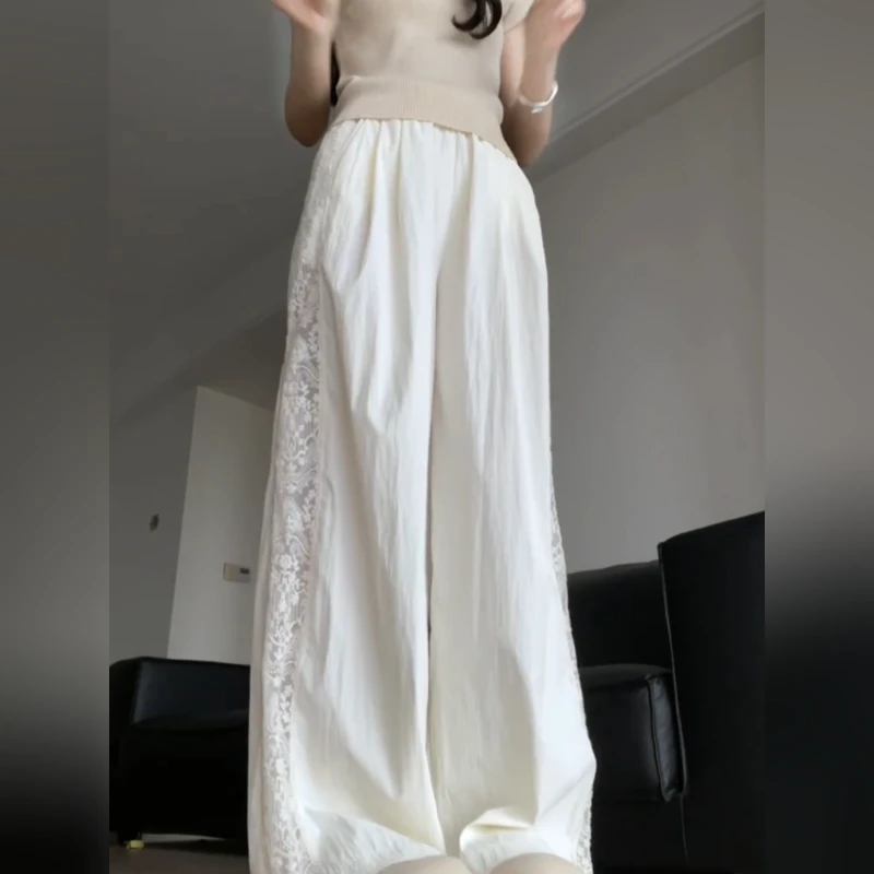 American Retro Lace Design Stitching Pants Female 2025 Summer High Street Straight Loose Wide Leg Drop Casual Pants