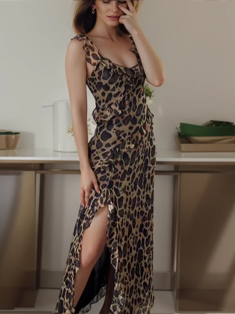 Vestido de leopardo feminino estampado babados, vestido feminino sem mangas, feriado de verão, festa na praia, moda sexy, novo