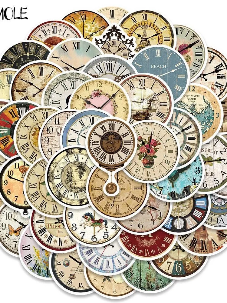 AliExpress SIKOMOLE 10/30/50PCS Vintage Clock Sticker Round Art Waterproof Suitcase Kid's Gift DIY Skateboard Laptop Luggage Bike Car Sticker Decals