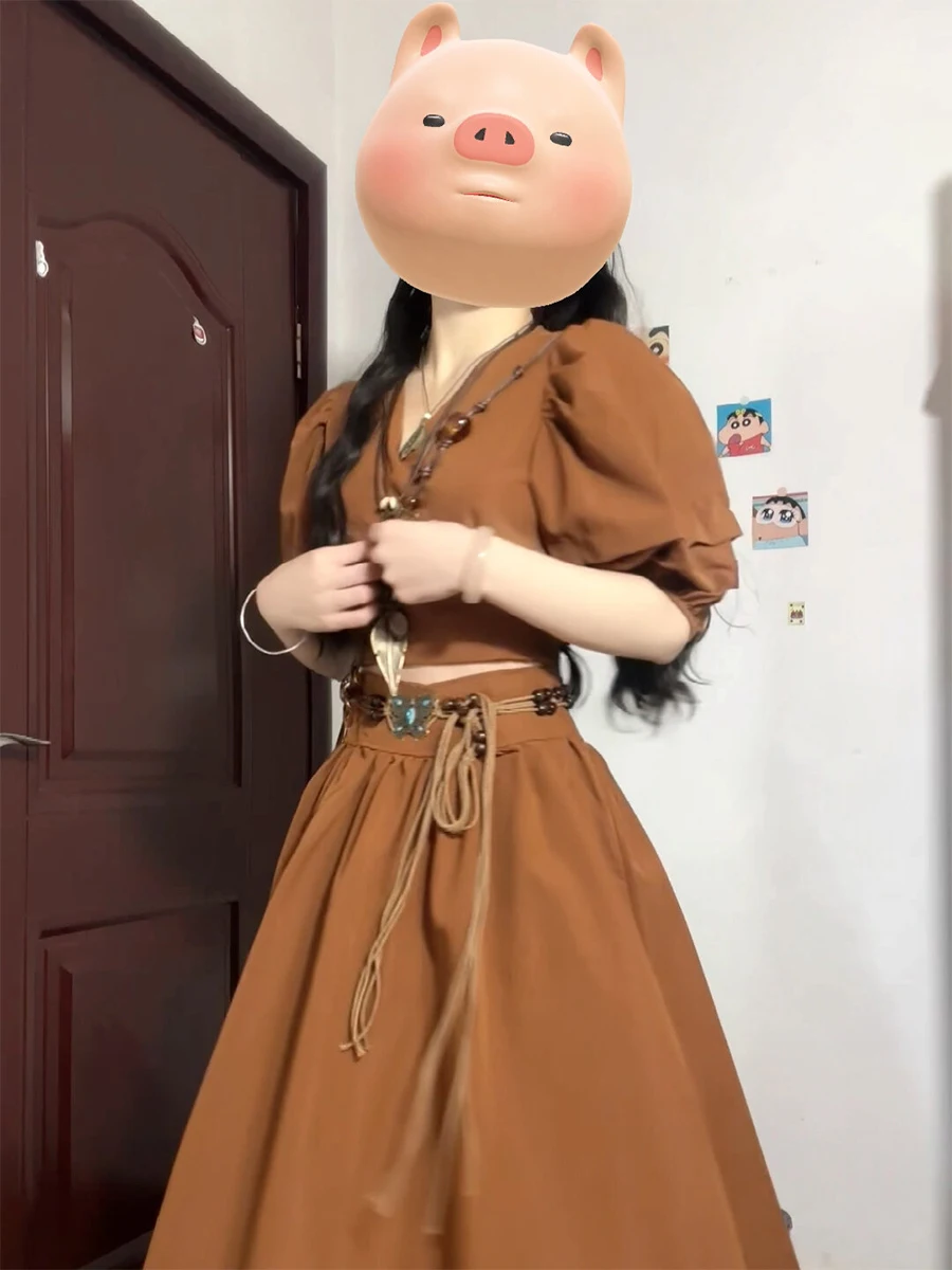 

Hebe Style Women's Spring New Short Bubble Sleeve Top High Waist Slimming Half Skirt Two Piece Set Fashionable Ensemble