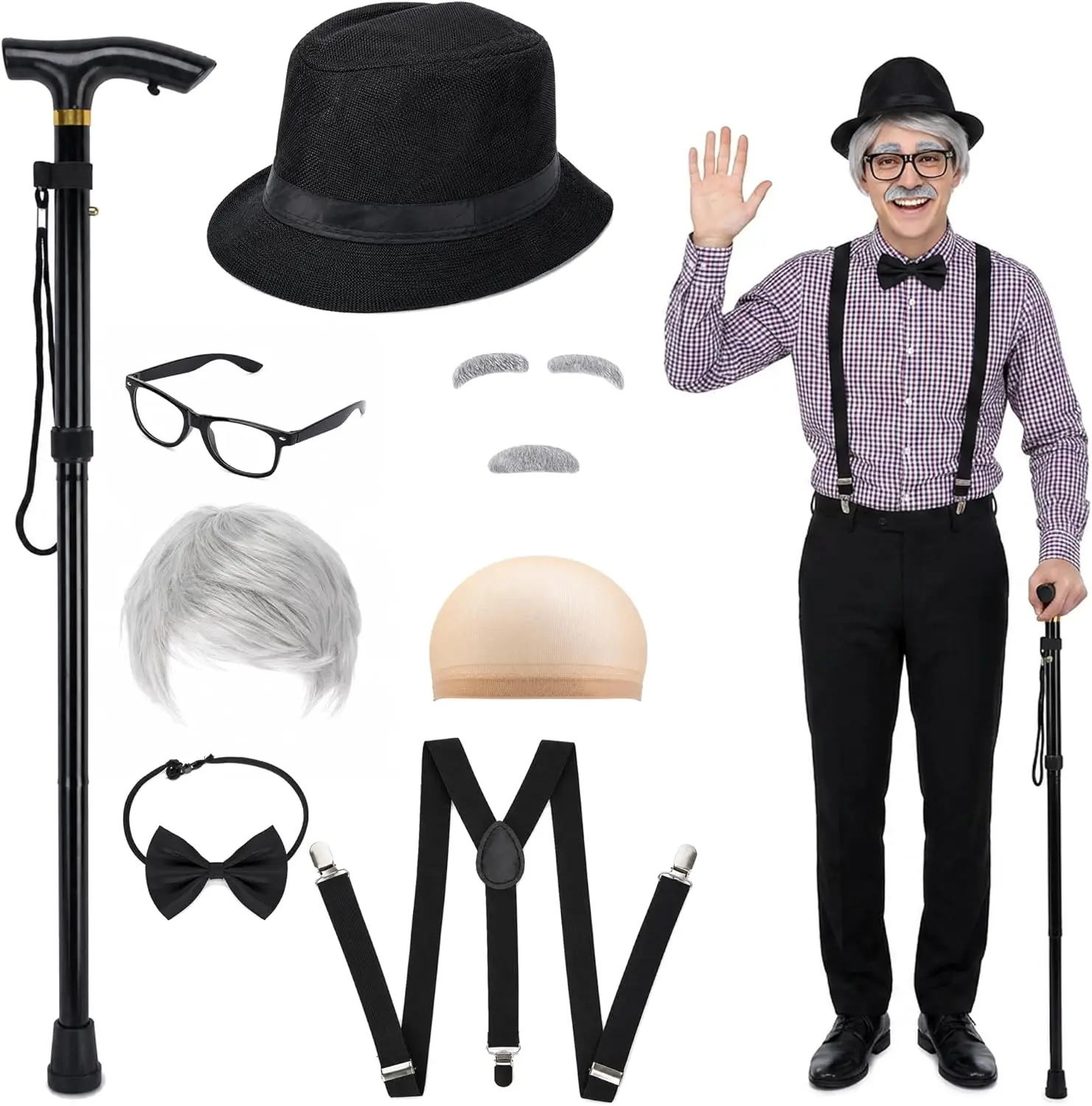 9 Pcs Old Man Costume Kit Grandpa Cosplay Accessories Set Old Men Cane Hat Wig Beard Eyebrows Bow Tie for Halloween Party Outfit