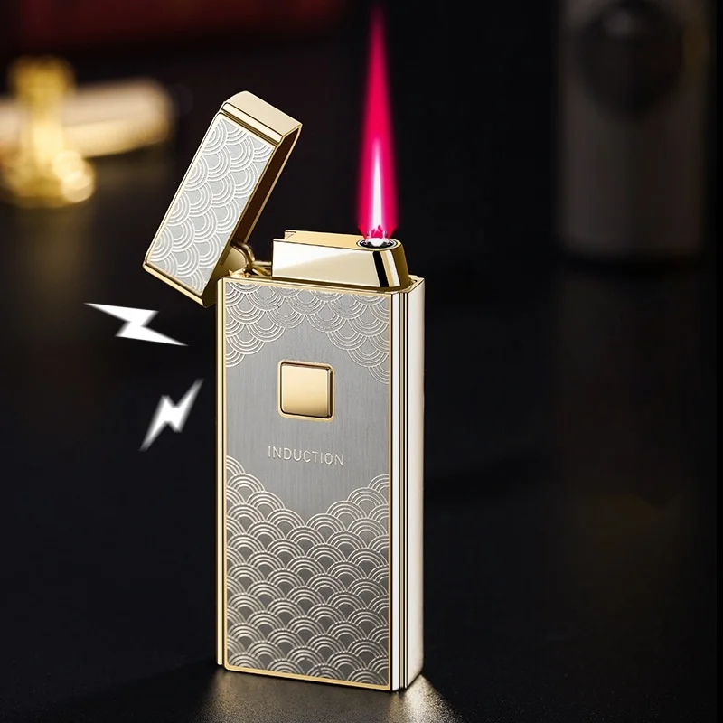 New Induction Thin Lighter, Windproof Red Flame, Alloy Body, Lightweight Portable, Stylish, Ideal for Cigars, Men's Smoking Gift
