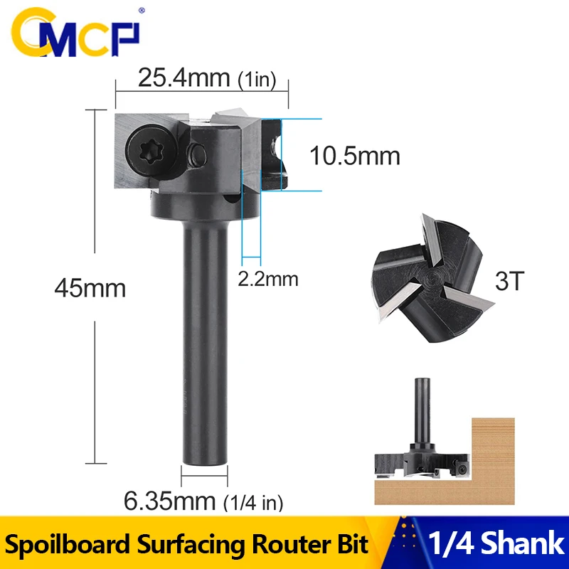 

CMCP 1/4 Shank Wood Planer Bit 3-Flute Spoilboard Surfacing Router Bit with Carbide Insert Slab Wood Milling Cutter