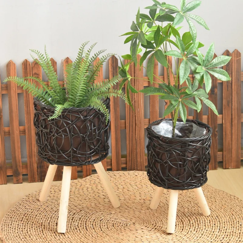 Balcony Floor-Standing Plant Baskets Woven Flower Pots Living Room Decorative Flower Stands Indoor Storage Racks,20cm