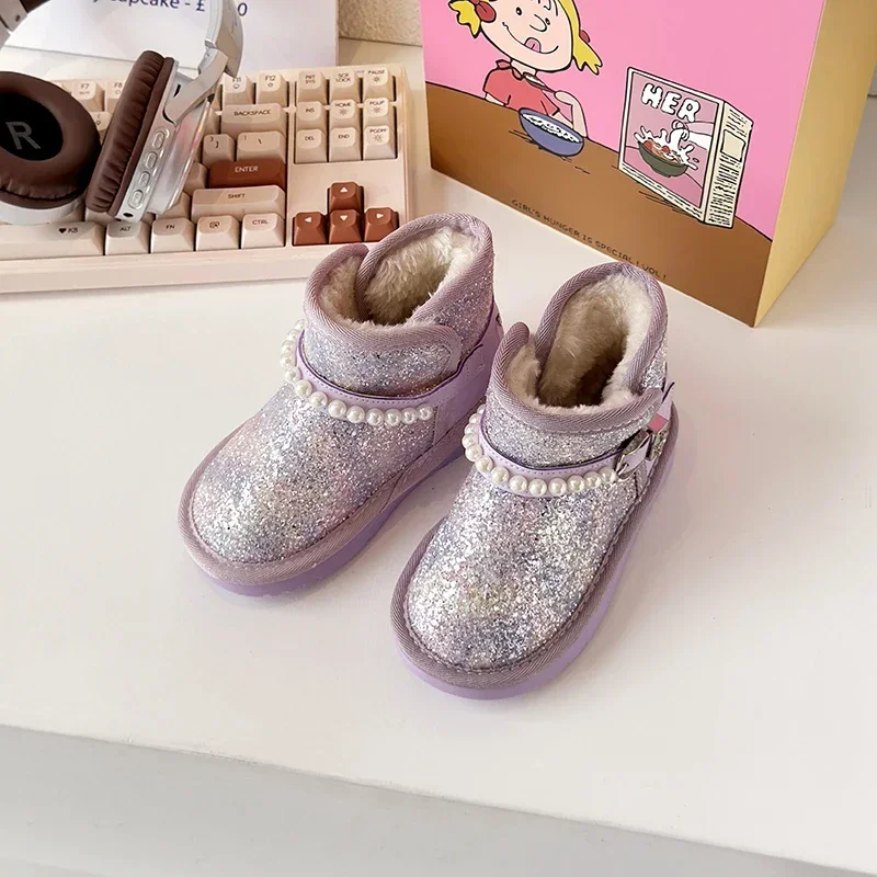 2024 New Children Shoes Waterproof Winter Cotton Inserts Snow Boots Shiny Upper Soft Sole Girl Sneakers Зимние Ботинки Детские