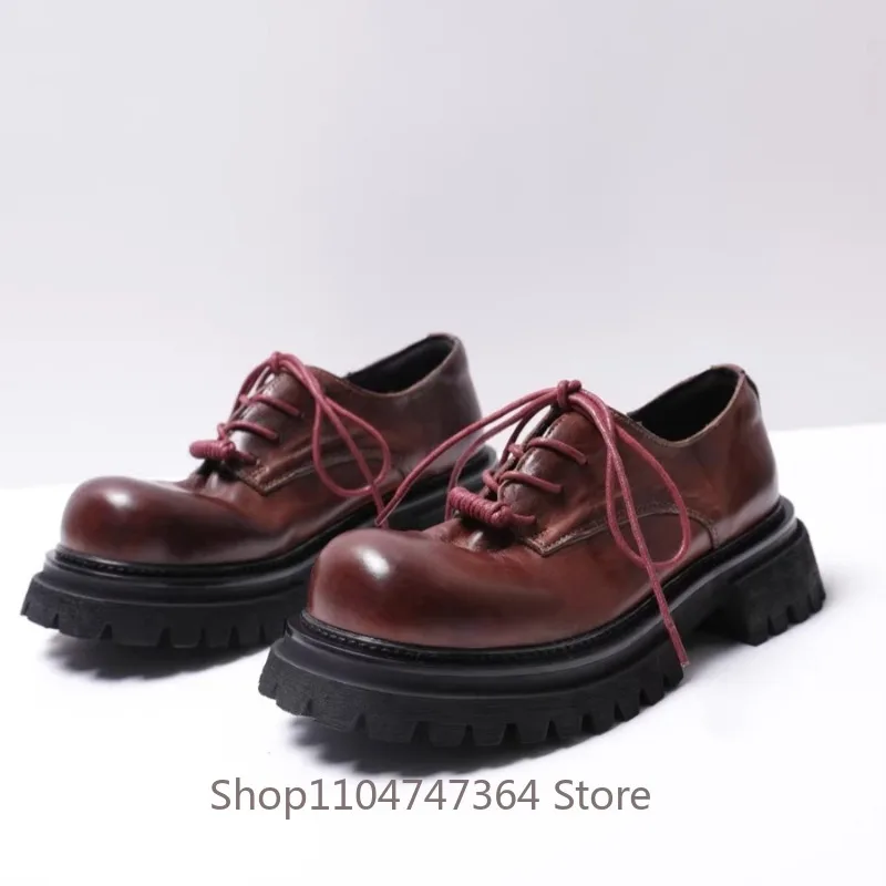 

Designer Casual Breathable Genuine Leather Platform Shoes Men's Thick Sole British Style Brown Retro Derby Shoes Male Oxfords