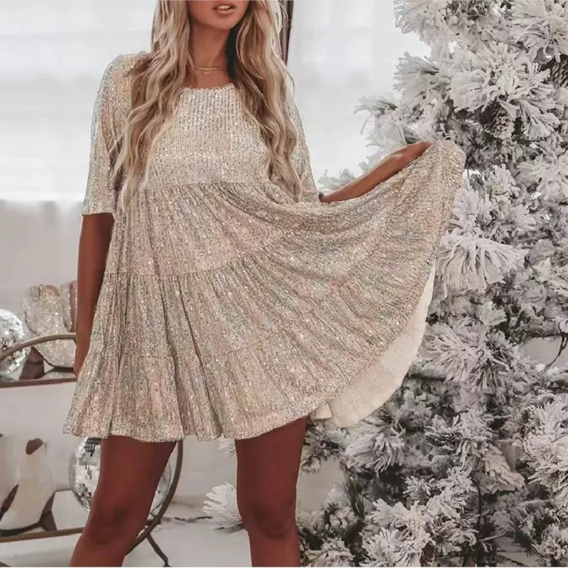 

Fashion Sequin Glitter A-line Dress for Women 2026 Round Neck Loose Waist Short Sleeve Patchwork Dresses Evening Party Vestidos