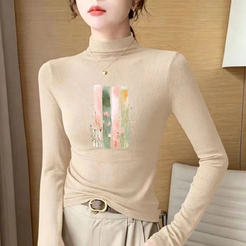 2026 New Autumn Winter Thermal Brushed Fleece Long Sleeve Graphic Print T shirt Blouses Female Warm Shirt Women Top