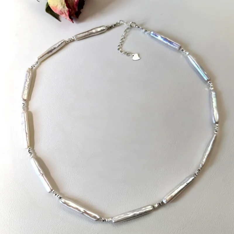 

Broken Small Bar Necklace Pearl Collarbone S925 Silver Plain Chain