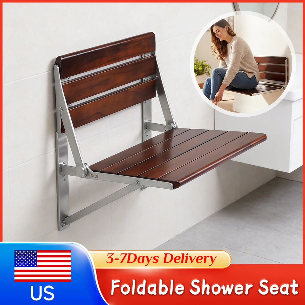

18 Inch Foldable Wood Shower Seat Wall Mounted Fold Down Chair Stool for Elderly Disabled Inside Shower Bathroom Safety Seat New