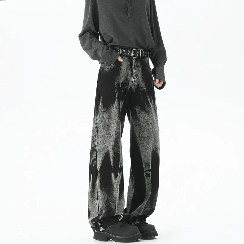 Jesienne męskie szerokie jeansy baggy w stylu high street, barwiony denim, casualowe proste neutralne jeansy baggy w stylu neutralnym, modne i uniwersalne.