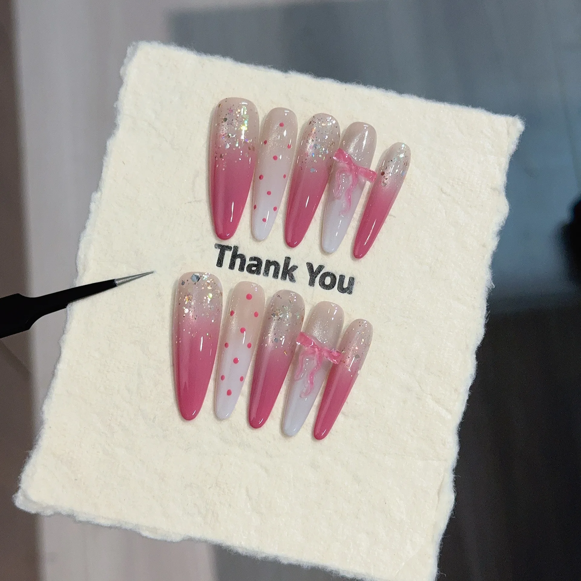 

10Pcs Handmade Rose Pink Fake Nails Y2k Gradient False Nails 3D Butterfly Fashion Full Cover Nails Art