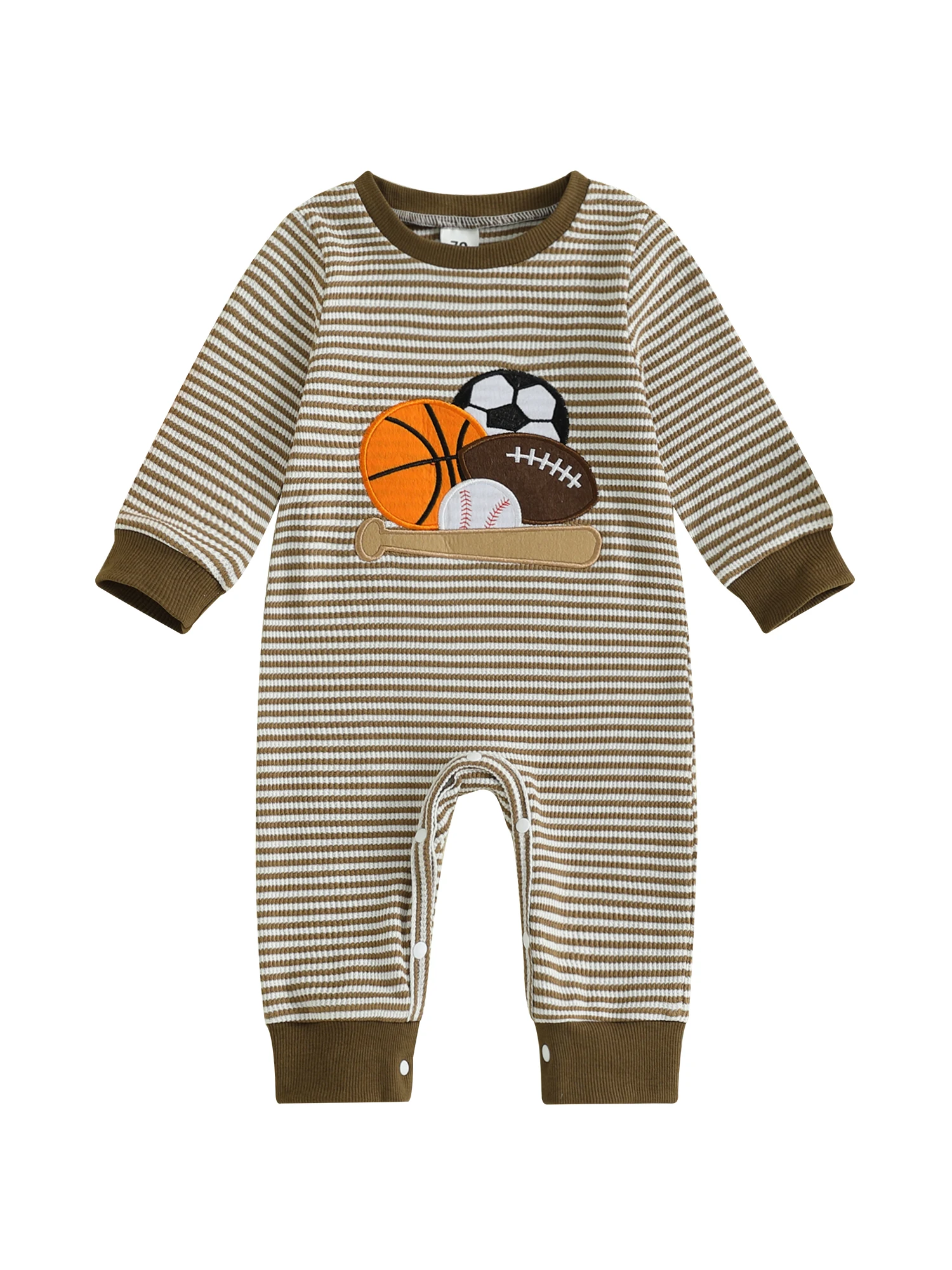 

Вязаный зимний комбинезон для маленьких мальчиков, уютный комбинезон для футбольного мяча с вышивкой, полосатый комбинезон с круглым вырезом и длинными рукавами для маленьких мальчиков, теплый