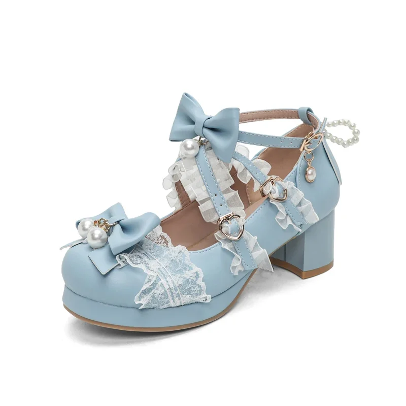 Women's Kawaii Shoes Cross Strap Pumps Cute Ankle Strap Mary Jane Shoes Cosplay Wedding Dancing Party Lace Mid Chunky Heel Pumps