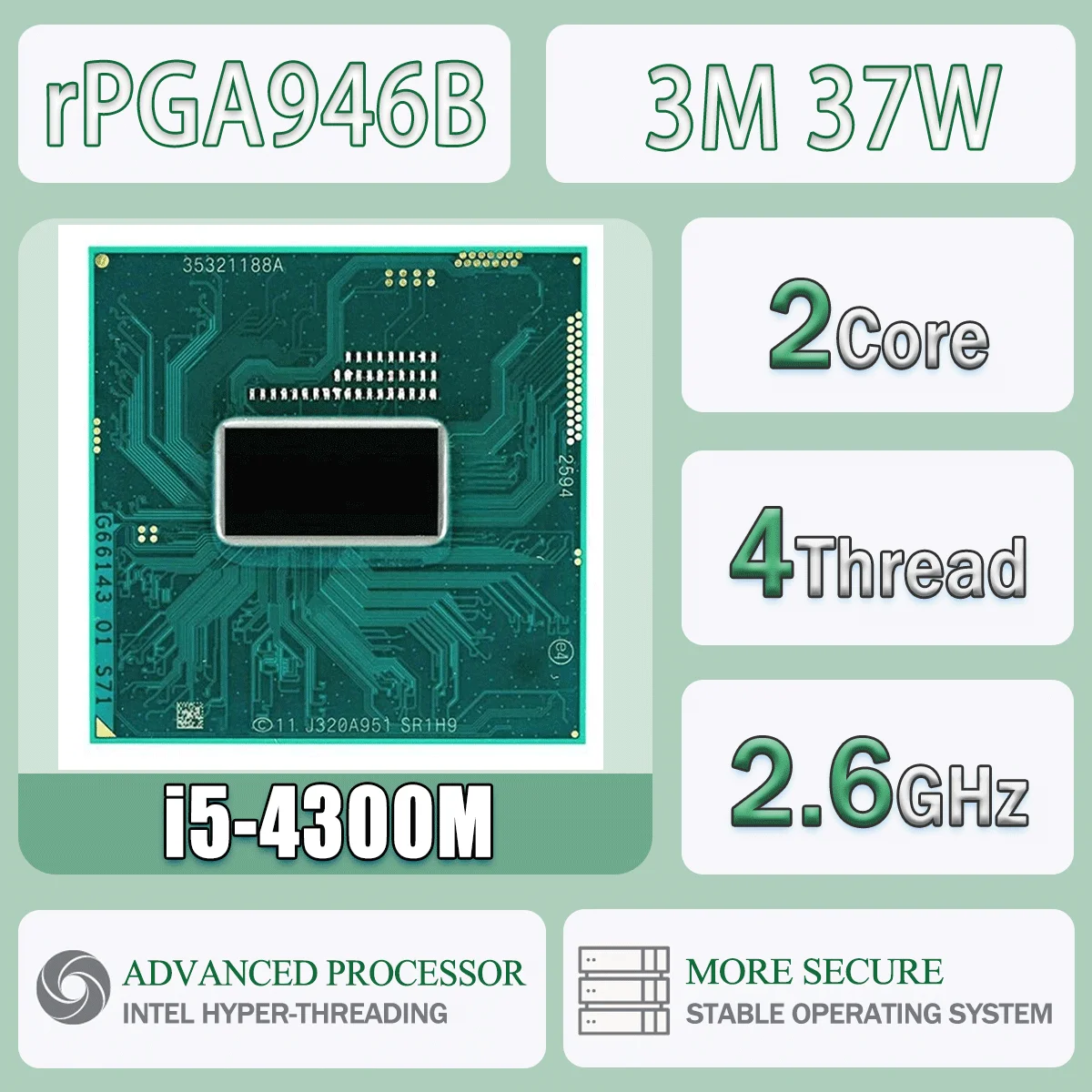 Procesador de CPU Intel Xeon I5-4300M 2,6 GHz de doble núcleo y cuatro hilos SR1H9 3M 37W I5 4300M servidor Socket G3 / RPGA946B I5 4300M