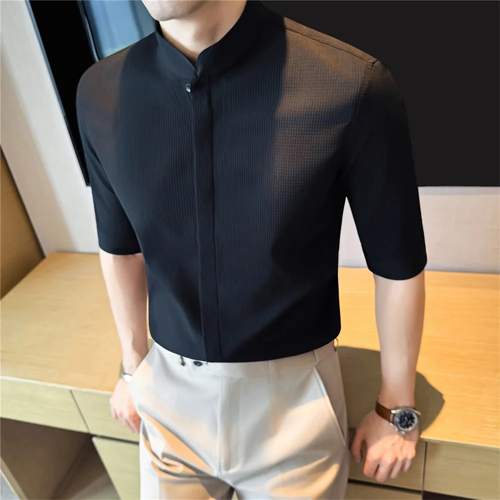 New Fashion Stand Collar Formal Men Shirts Summer Spring Half Sleeved Business Man Dress Shirt Wedding Party Slim Fit Blouse Man