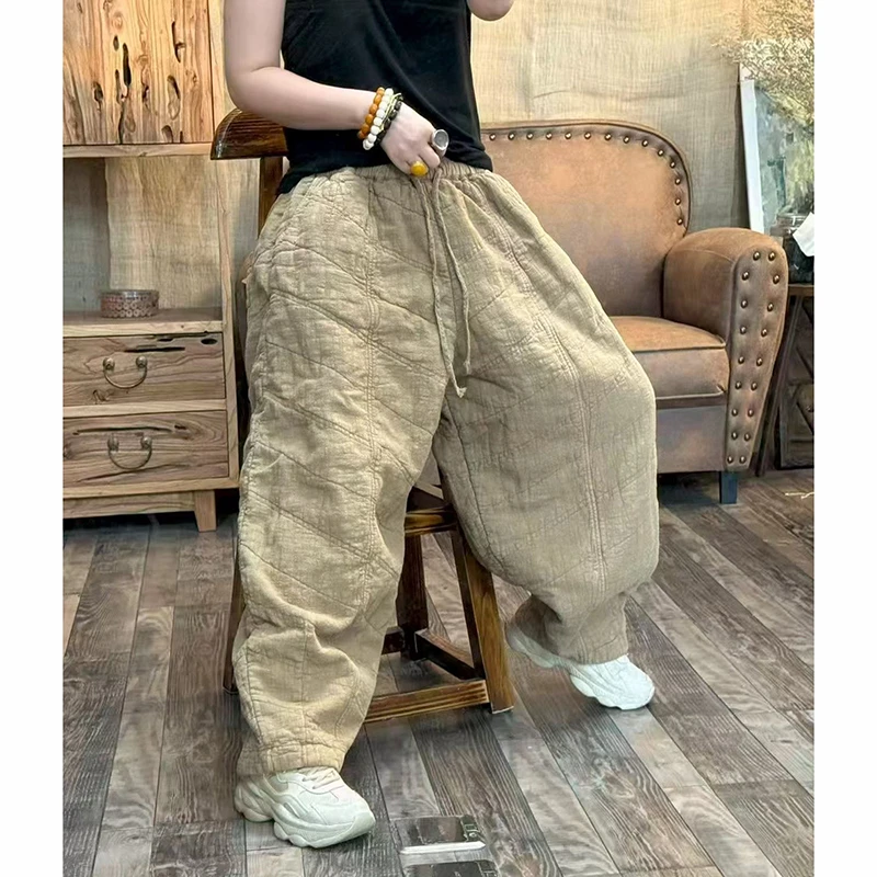 2025 New Arrival Autumn/winter Women High Waist Vintage Ankle-length Pants Casual Loose Elastic Waist Thicken Harem Pants L184
