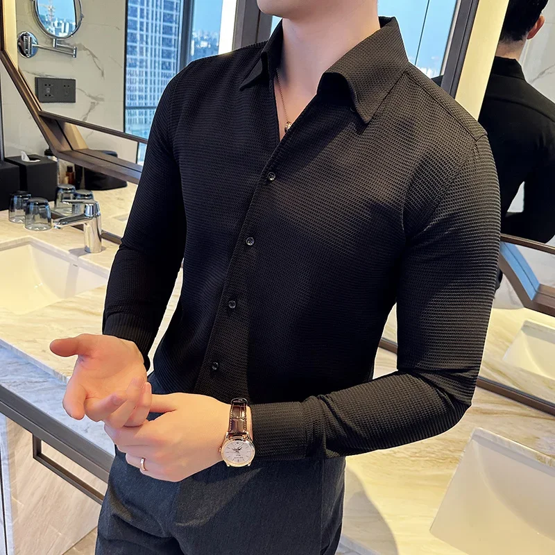 Brand Clothing Men Spring High Quality Long Sleeve Shirts/Male Slim Fit Casual Business Dress Shirts Men Waffle Casual Shirt 4XL