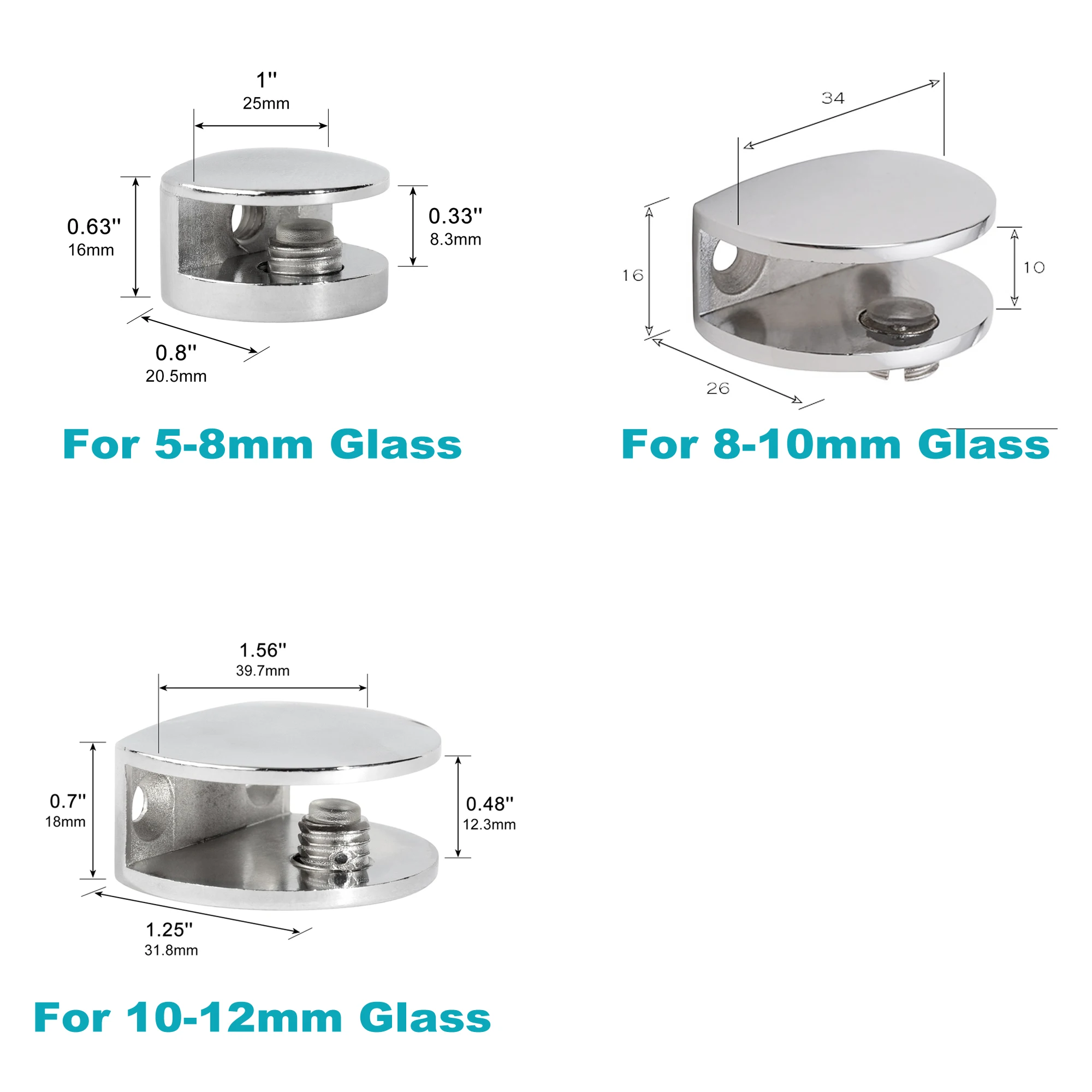 4 pcs Zinc Alloy Chrome 5-12 MM Shelf Support Heavy Duty Glass Shelf Clips