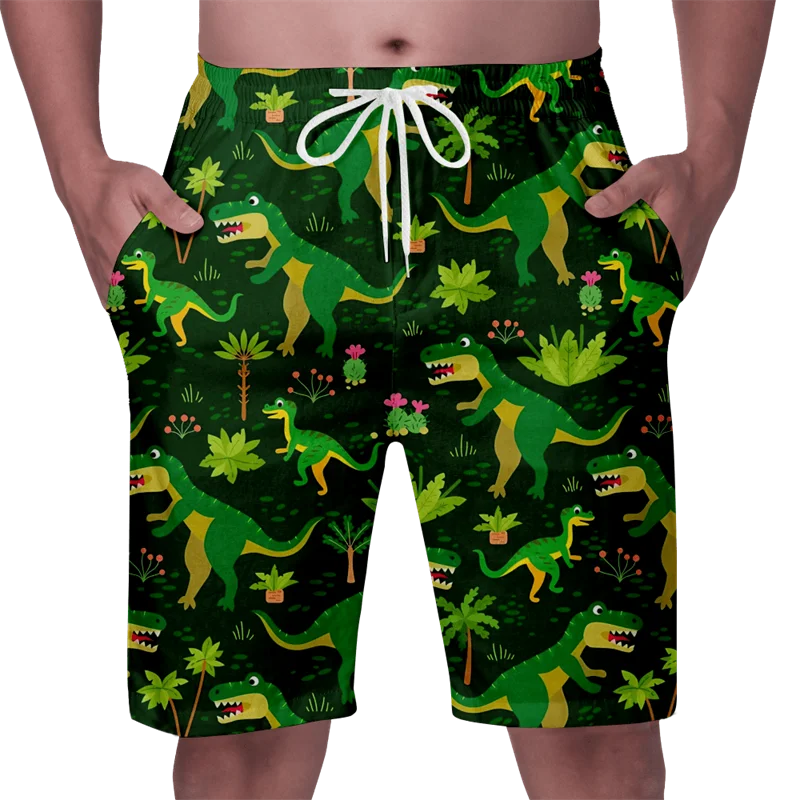 Pantalones cortos de playa con patrón de dinosaurio de dibujos animados para hombres y niños, bañadores de baño de animales con estampado 3D Hawaiano fresco, secado rápido, tabla de Surf