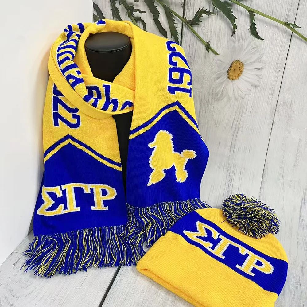 طقم وشاح وقبعة منسوج باللونين الأصفر والأزرق للشتاء من SGR