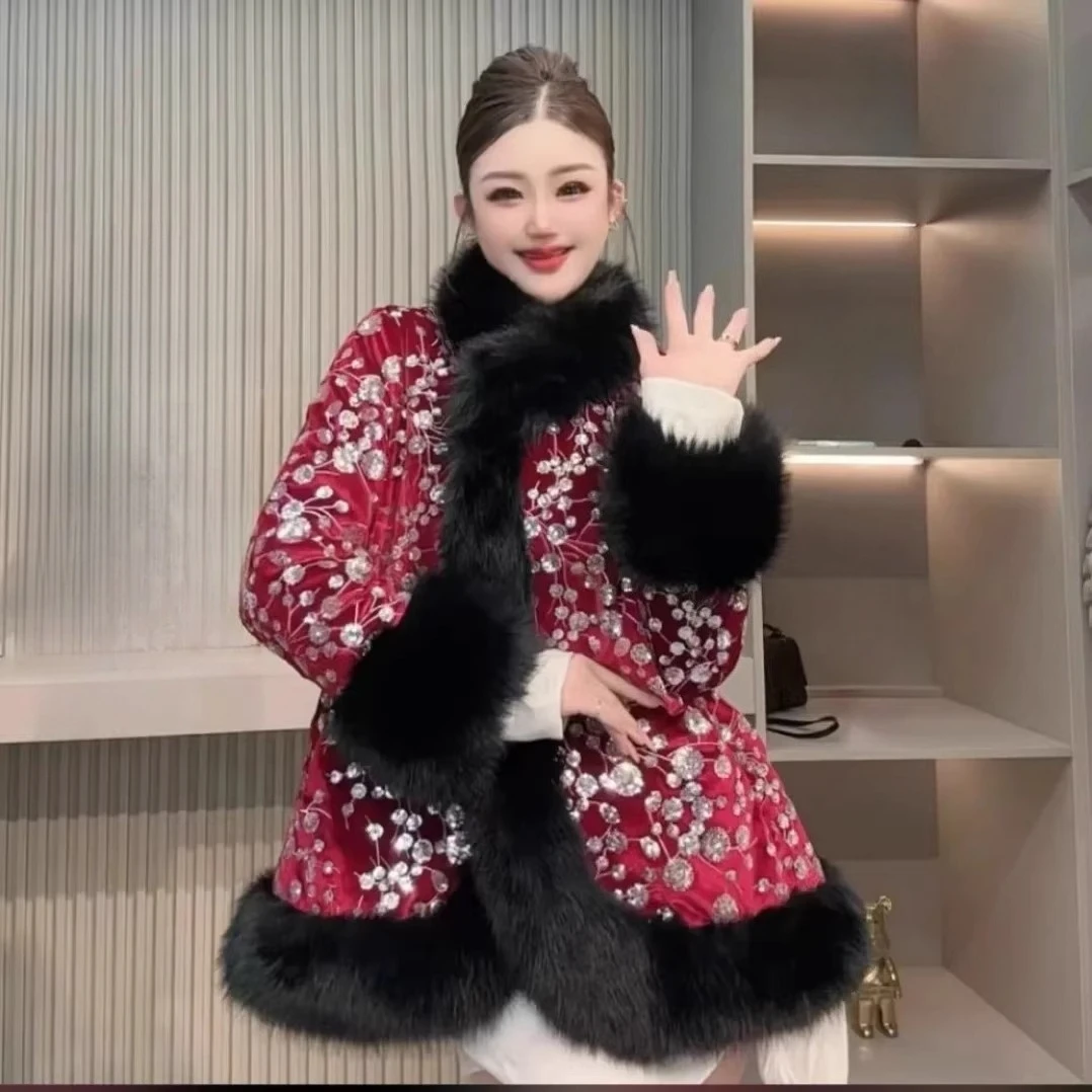Women 2025 Winter New Fashion Fur Integration Coat High-end Sparkling Sequin Imitation Mink Fur Long Sleeve Beauty Chic Faux Fur