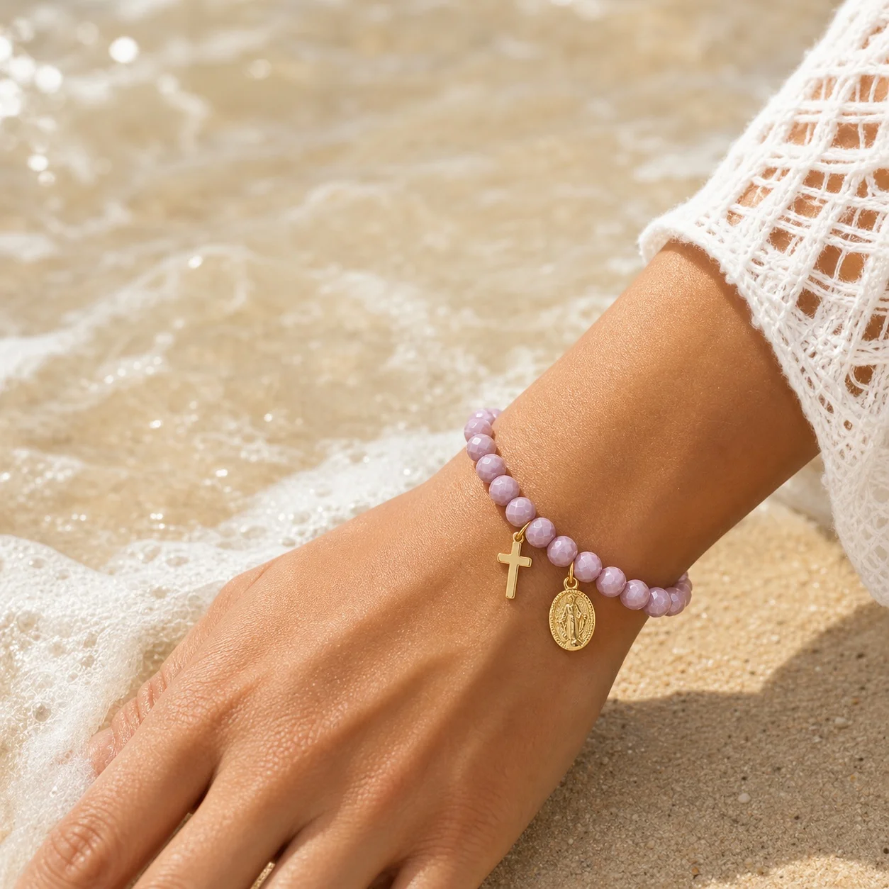 1pc Women Purple Faceted Glass Beaded Cross Charm Stretch Bracelet Copper Catholic Religious Beach Style for Women