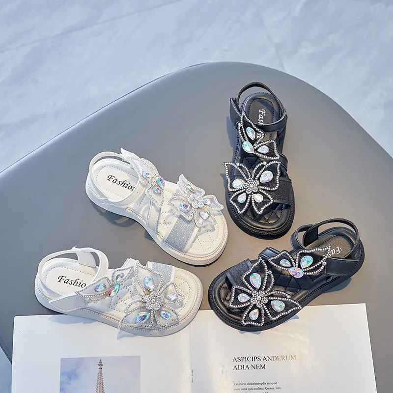 Girls Sandals Fashion Rhinestone Butterfly Princess Shoes Summer Children Soft Sole Beach Sandals Non-slip Crystal Kids Shoes