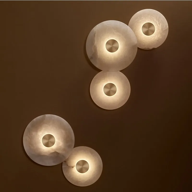 Modern Simple Round Spanish Marble Copper Wall Sconce LED Lighting Bedroom Corridor Living Room Decorative Combination Fixture