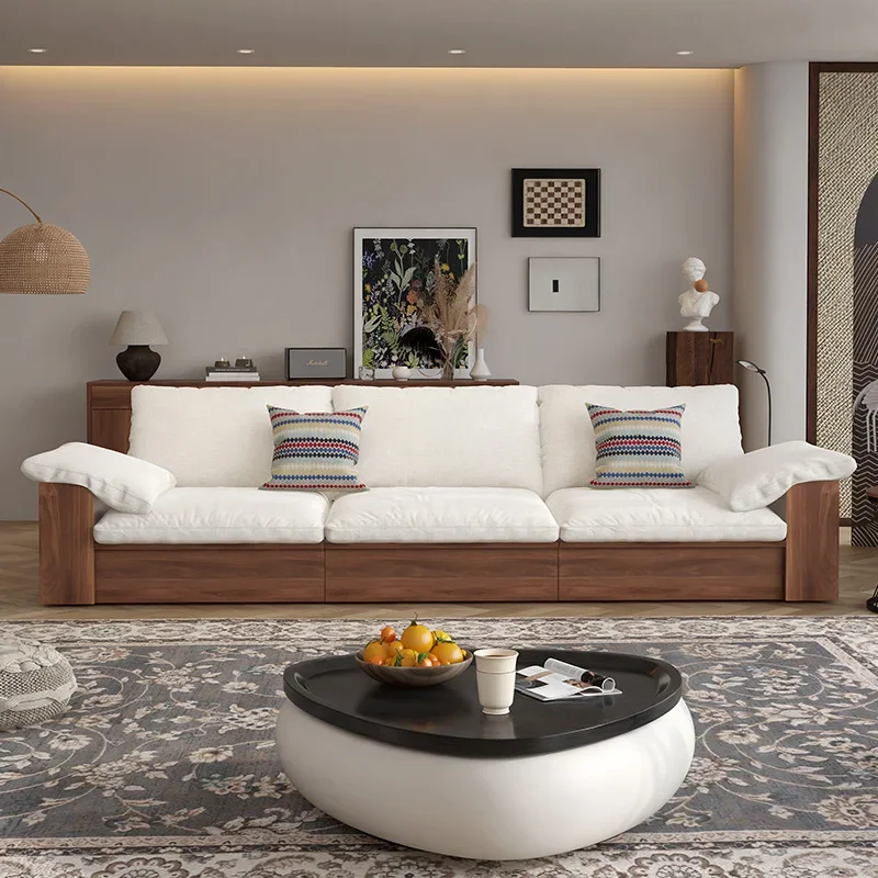 Fabric small apartment living room multi-functional storage walnut solid wood sofa