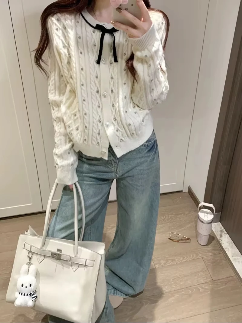 

Twisted Cardigan for Women 2026 Spring New Women's Sweater with Rhinestone Korea Slim Fit Knitwear
