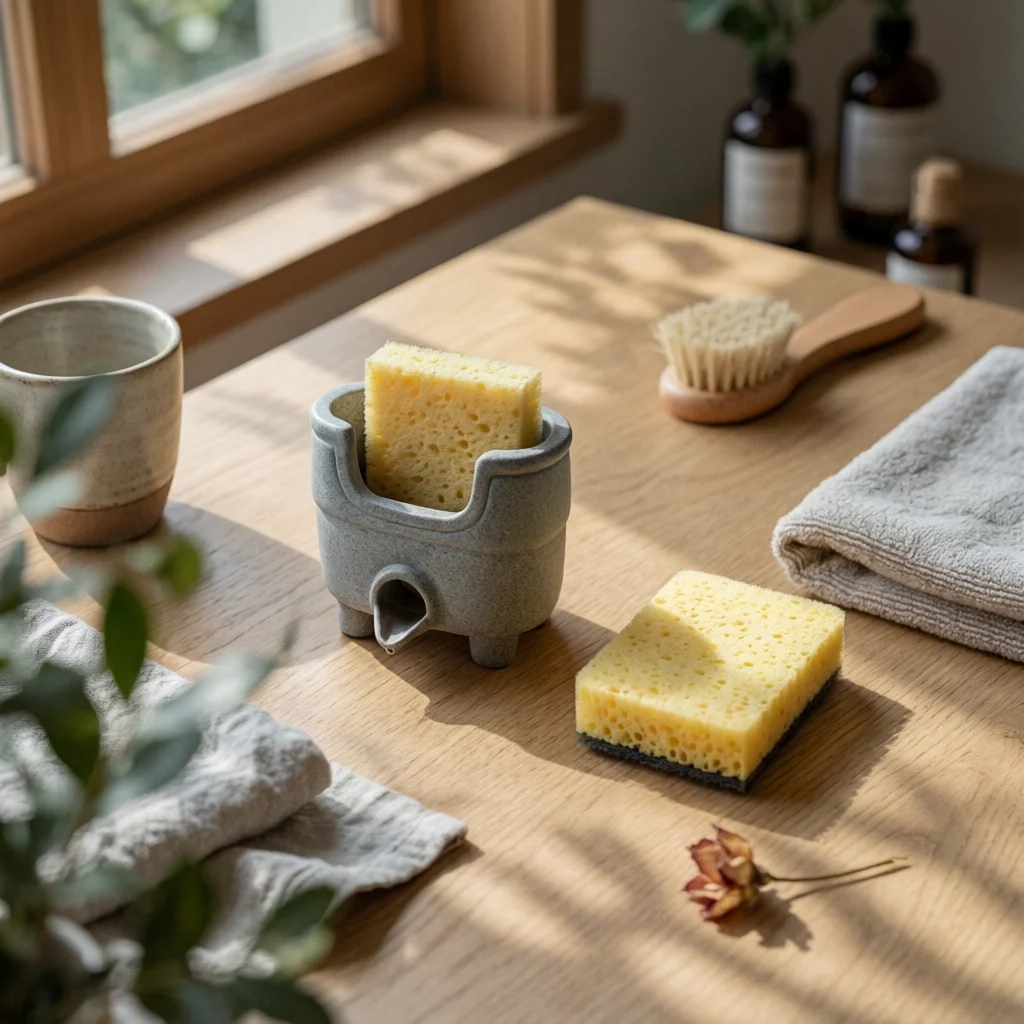 キッチンスポンジホルダー　まだら模様仕上げ　スポンジ水切りラック　家庭用オーガナイザー　手作り風露出トップ