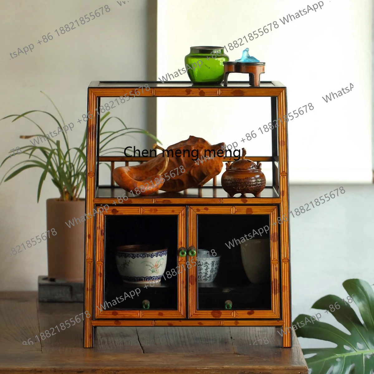 Tea cabinet, red sandalwood bright grid cabinet, mortise and tenon maker, four-sided study room, study storage cabinet