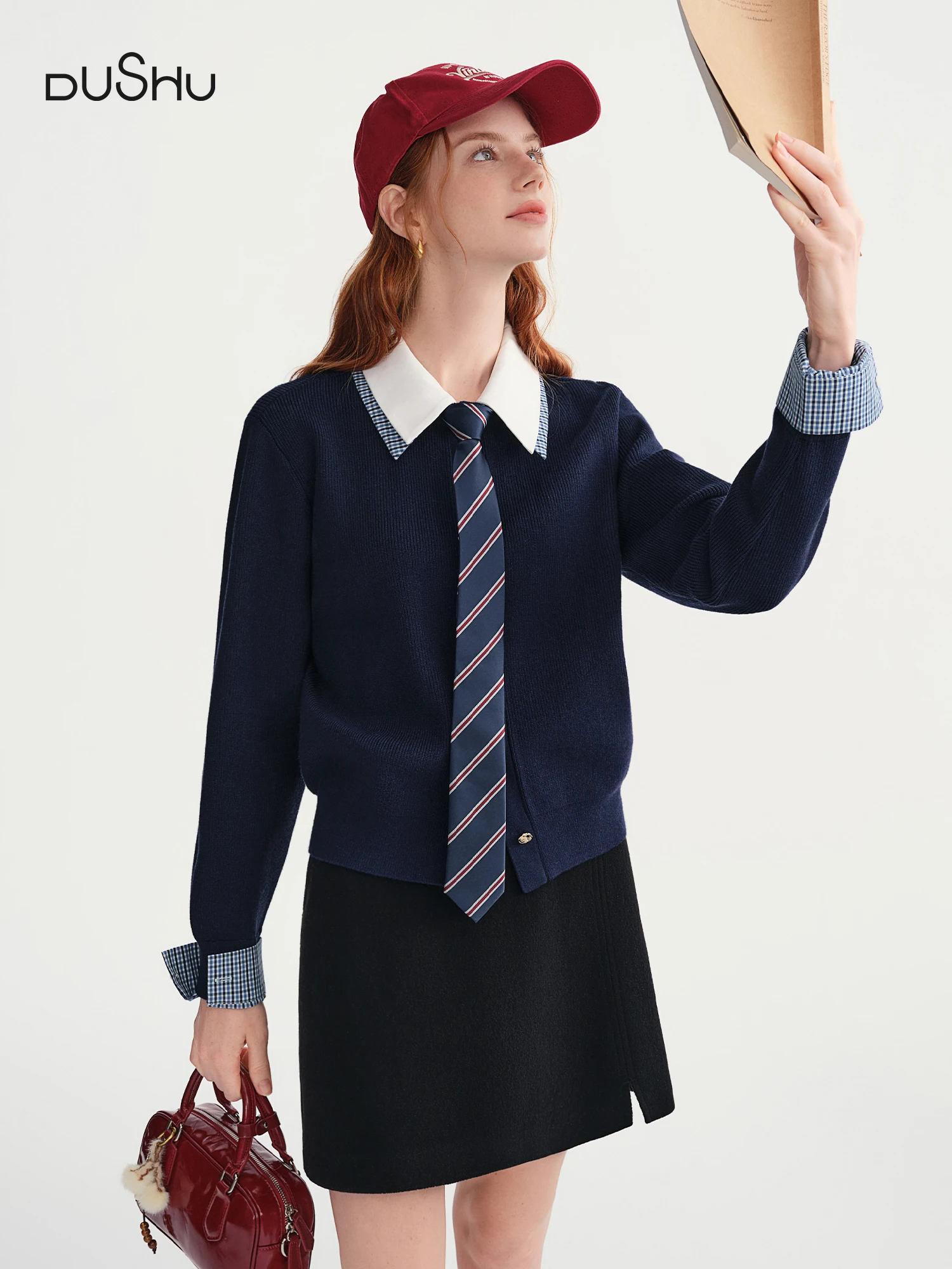 

DUSHU College Style Fake Two-piece Knitted Cardigans Women 2025 Winter Wear Slim Temperament Design Sweater Korean Preppy Ins