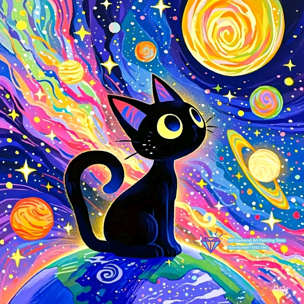 Black Cat Colorful Galaxy Space Art 5D DIY Diamond Painting Set with Square and Round Diamonds Handmade Crafts Home Decor Gifts