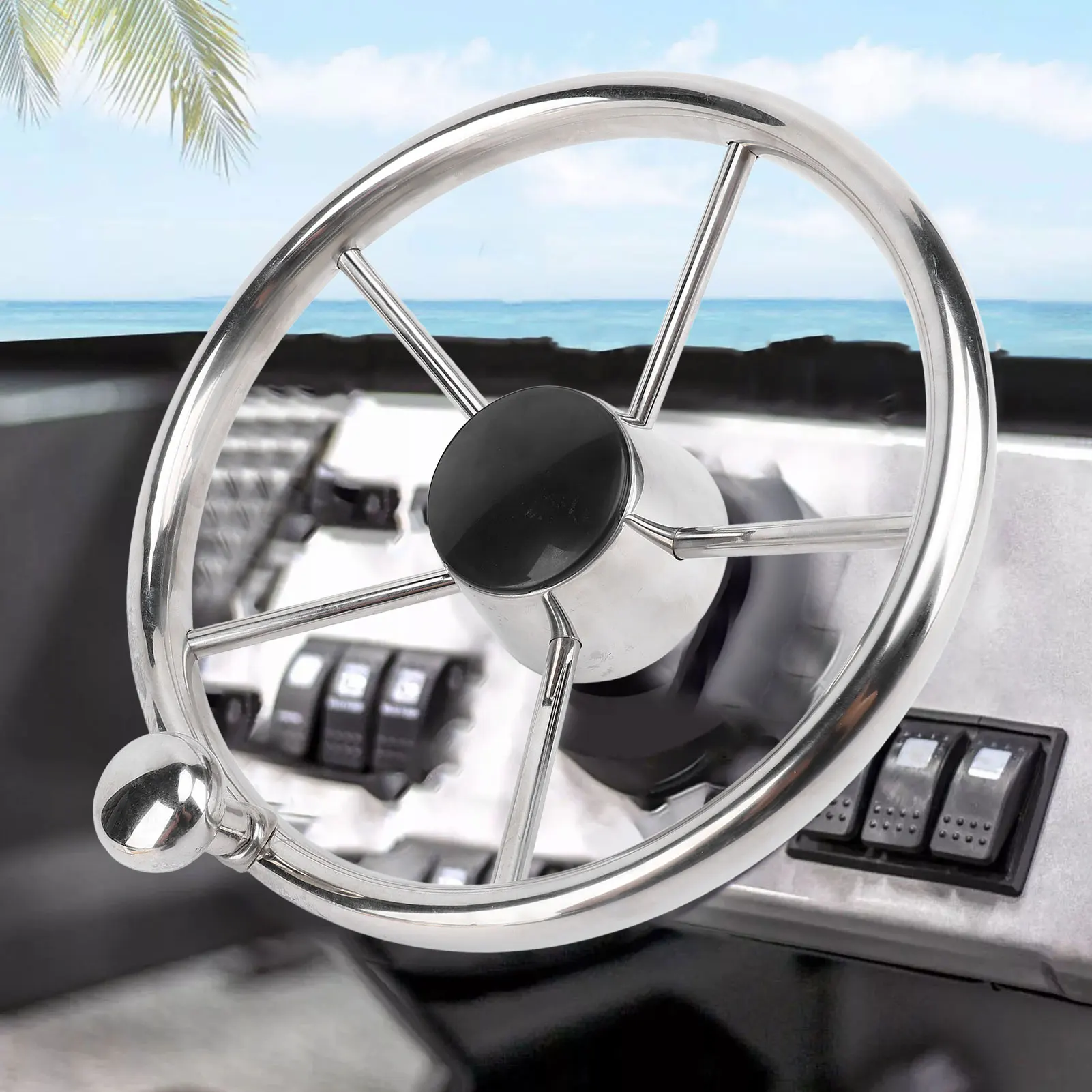 11In Marine Stainless Steel Steering Wheel OEM Replacement 5 Spoke 25 Degree Foam Grip Wheel for Yacht Speedboat