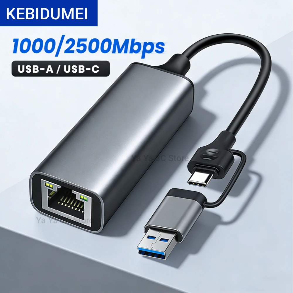 

KEBIDUMEI 2.5Gbps Type C to Network Card 1000Mbps USB3.0 Network Card 2.5G Ethernet Gigabit Adapter Lan Hub for PC Laptop