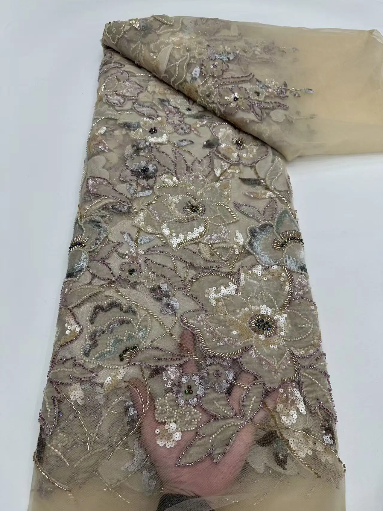 الأفريقي اليدوية الترتر مطرز أقمشة الدانتيل النيجيري جودة عالية المخملية اللؤلؤ أقمشة الدانتيل لفساتين الزفاف الزفاف SZ1780 #6