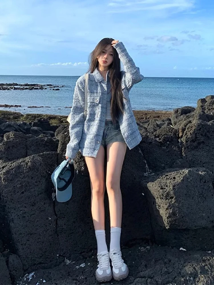 Blue Plaid Compact Fashion Outerwear Women's Spring Autumn Loose Style Korean Version Slimming Jacket Top Commute Style