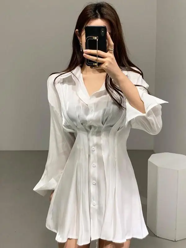 Vestido camisero de manga larga para mujer, elegante vestido coreano, brillante, cintura doblada, con cordones en la espalda, cuello abatible, botonadura única, 1LTN