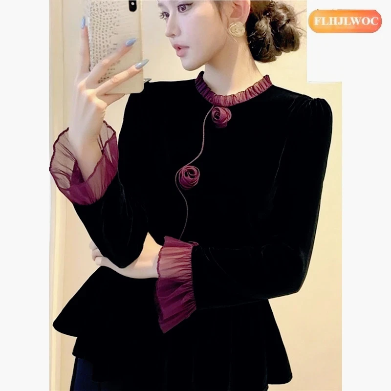 

Black Velvet Tops Blouses New Year Fashion Woman Elegant Office Lady Patchwork Purple Ruffles Basics Peplum Blouse Shirts