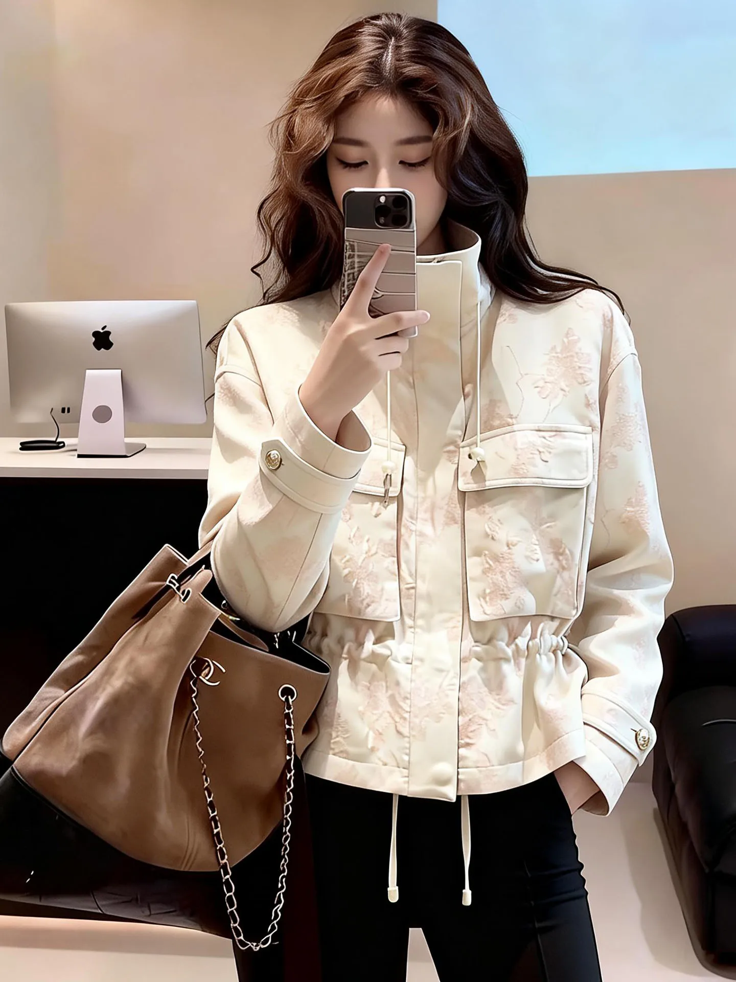 

Retro Sle Embroidered Beige Women's Jaet Dstring Waist Stand Collar ort Coat Spring 2026 Faionable Top Ladies